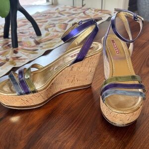 Prada Multicolor Leather Cork Wedge Sandals — Purple, Green, Blue